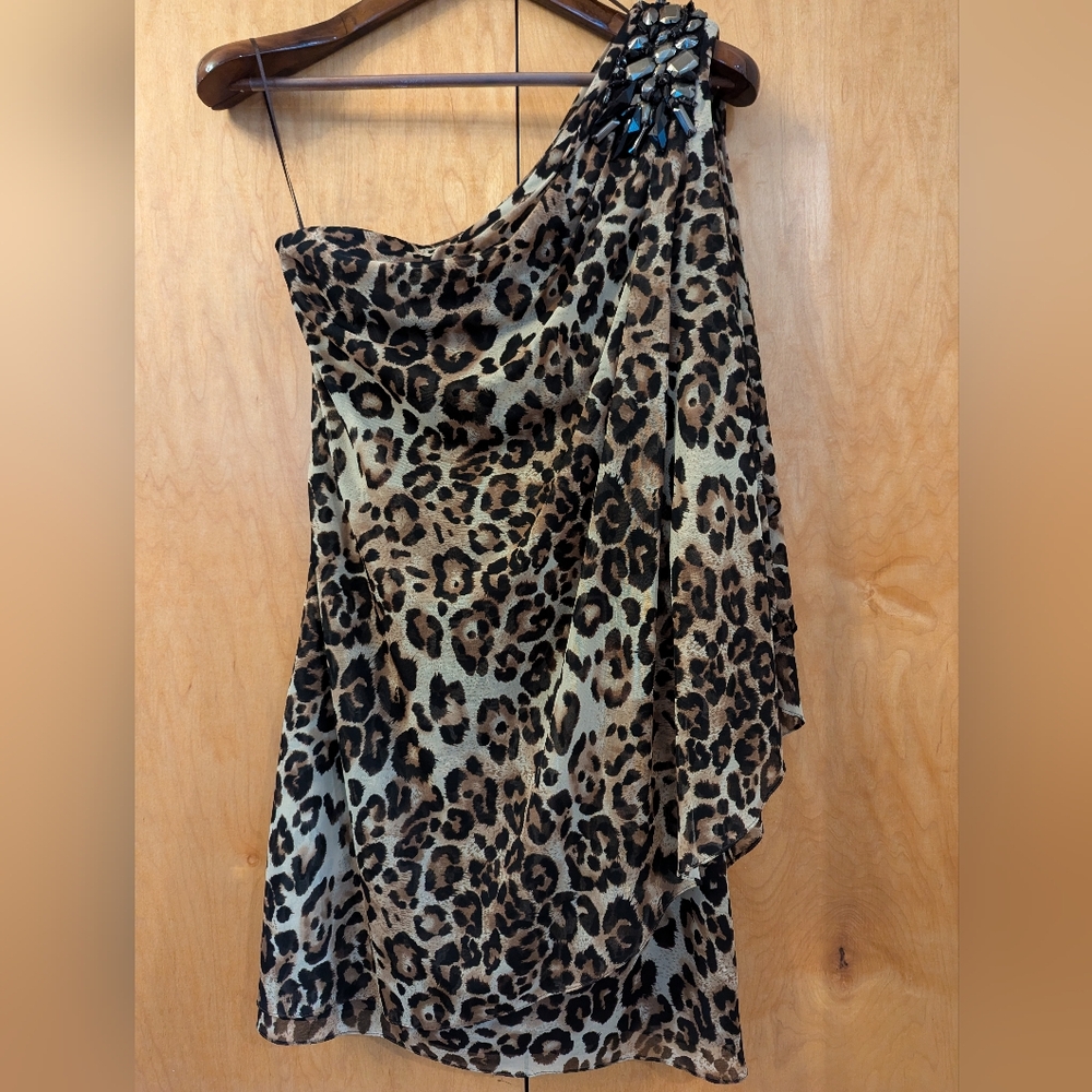 Cache Leopard Print One Shoulder Dress Size 6 - image 1